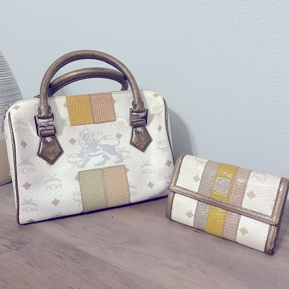 MCM Visetos Princess Lion Boston Bag + matching wallet